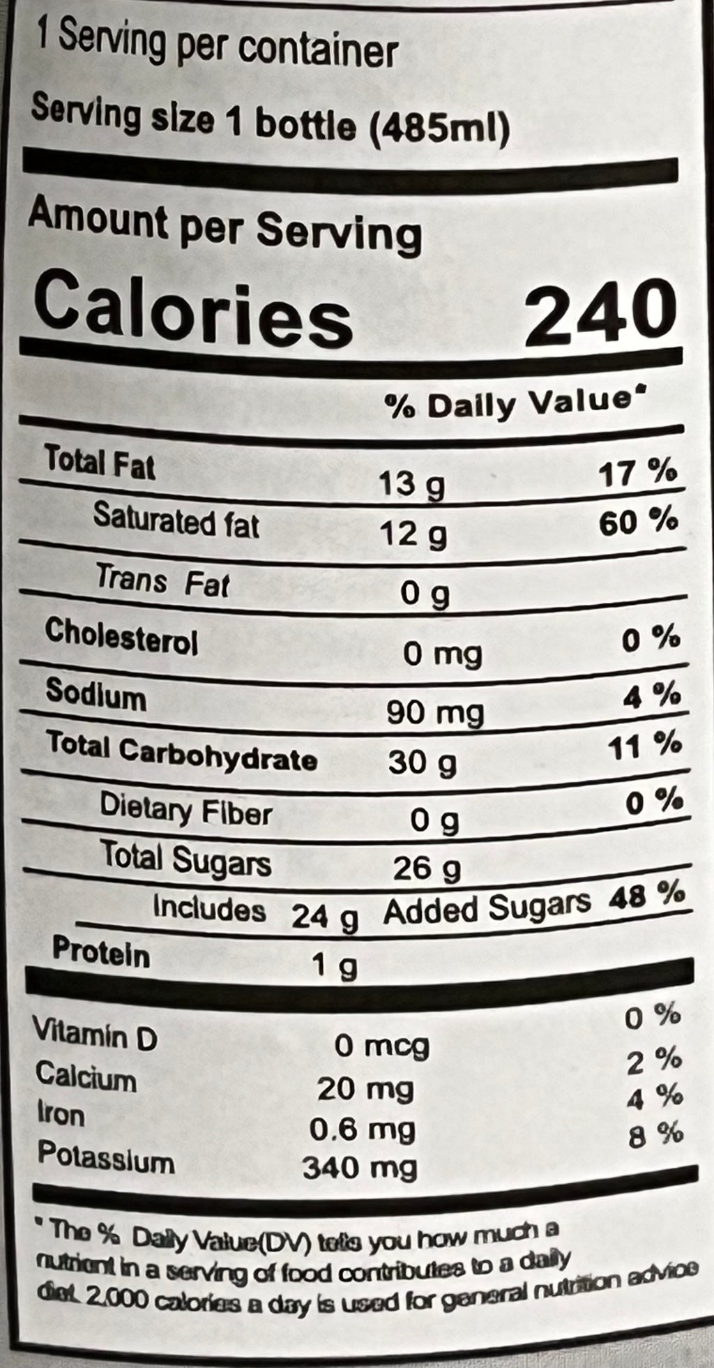 Nutrition label for a product with detailed calorie and ingredient information.