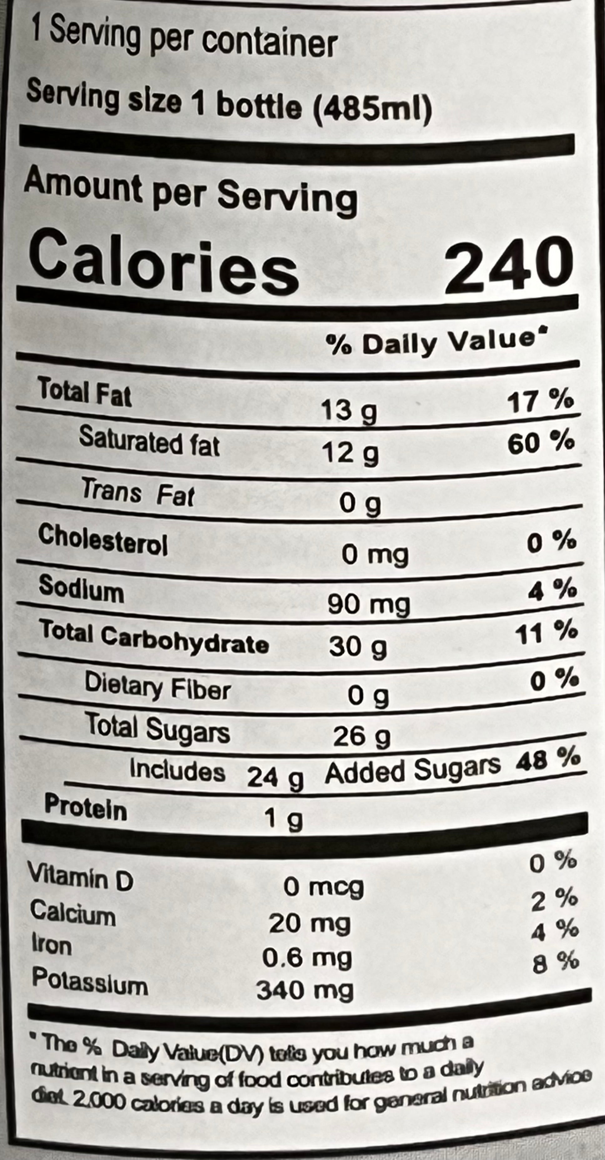 Nutrition label for a product with detailed calorie and ingredient information.