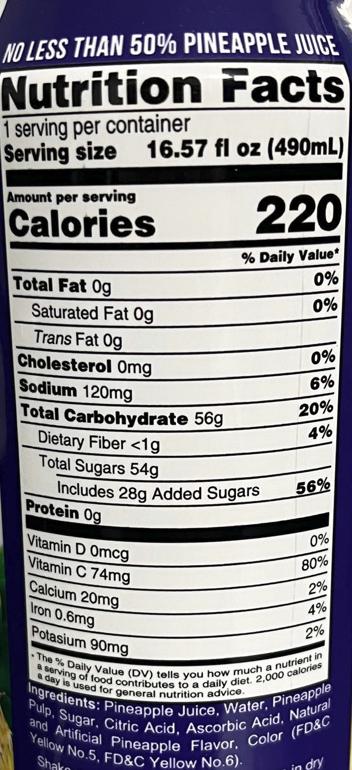 Nutrition facts label on a pineapple juice container